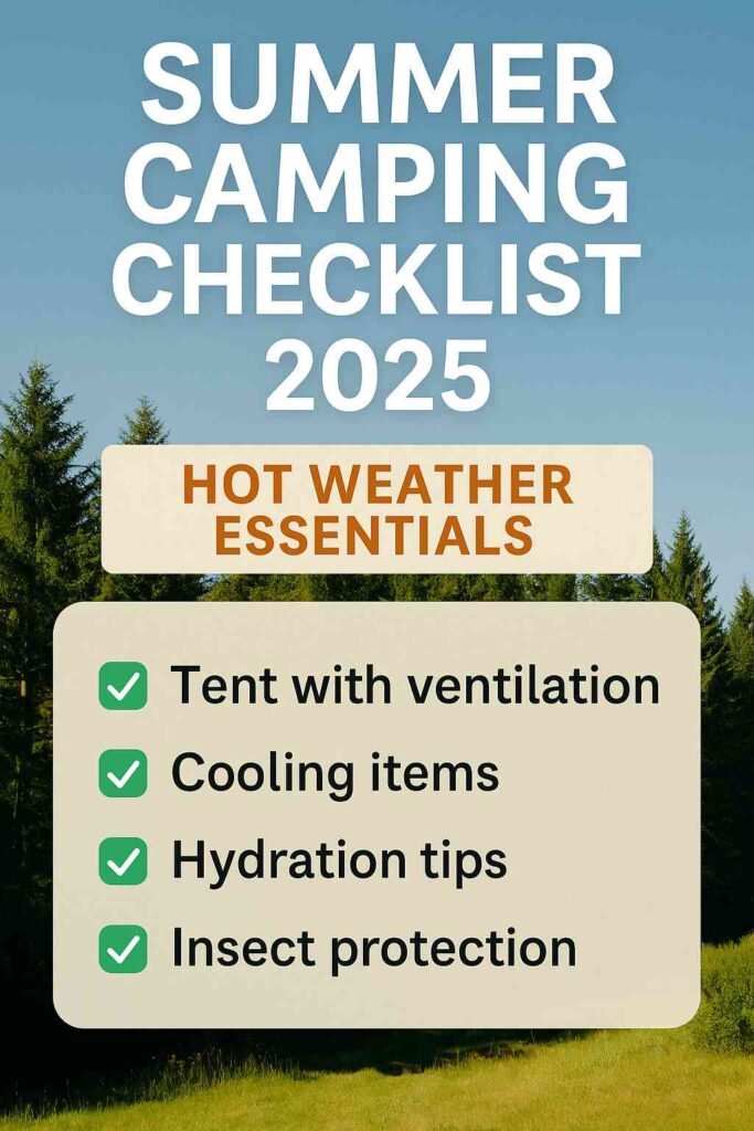 Summer camping checklist 2025 — essential gear for hot weather camping including tents with ventilation, cooling items, hydration tips, and insect protection